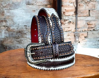 Western Leather Belt for Men Handmade Genuine Leather Tooled Cowboy Belt With Buckle Embossed Belt 1.5" Wide Cowhide Interchangeable Buckle