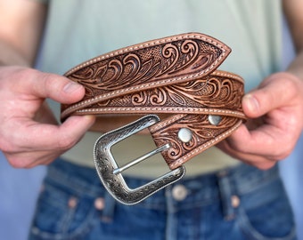 Western Full Grain Genuine Leather Belt Men's Embossed Belt with Cowboy Buckle Handmade Belt Strap 1 1/2" Rodeo Snap-On Belt With Buckle
