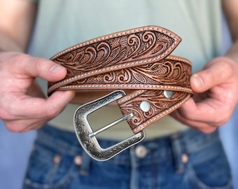 Western Full Grain Genuine Leather Belt Tooled Embossed Men&#39;s Cowboy Belt Buckle Handmade Belt Strap 1.5&quot; Rodeo Snap-On Belt With Buckle