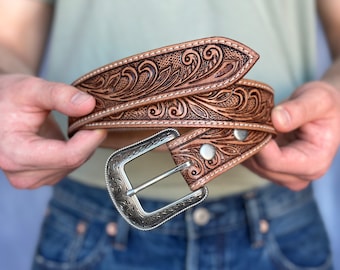 Western Full Grain Genuine Leather Belt Men's Embossed Belt with Cowboy Buckle Handmade Belt Strap 1 1/2" Rodeo Snap-On Belt With Buckle