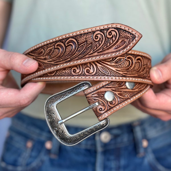 Western Full Grain Genuine Leather Belt Men's Embossed Belt with Cowboy Buckle Handmade Belt Strap 1 1/2" Rodeo Snap-On Belt With Buckle