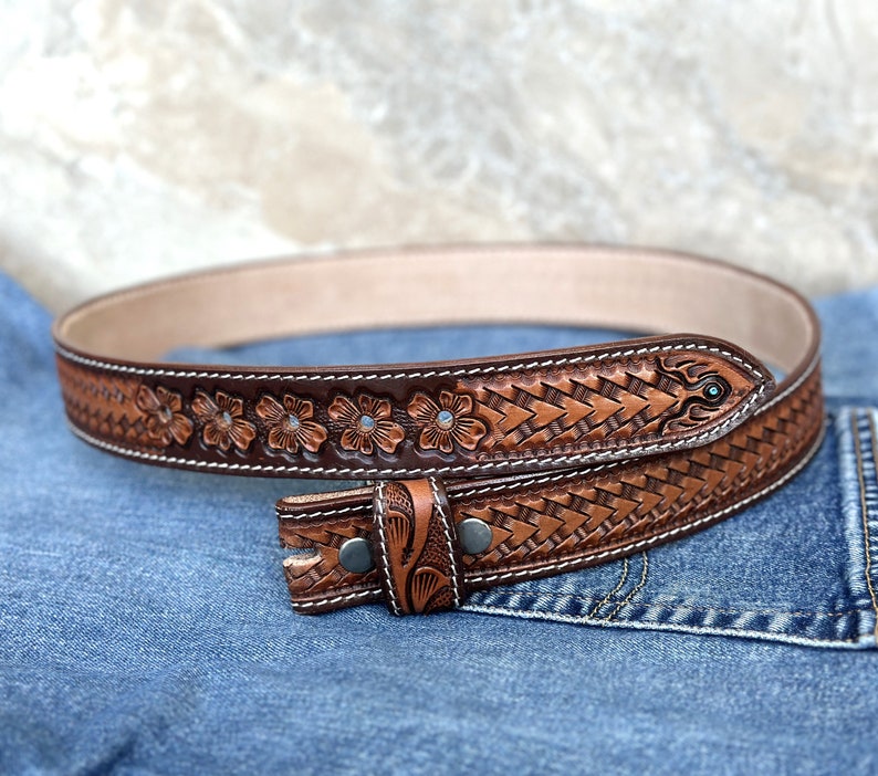 Men's Western Full Grain Genuine Leather Belt Embossed Belt without Buckle Handmade Custom Western Cowboy Belt Strap 1 1/2 Rodeo Snap-On image 5