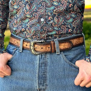 Western Leather Belt Full Grain Genuine Leather Men Tooled Rodeo Belt with Cowboy Buckle Handmade Belt Strap With Buckle 1.5" Snap-On Belt