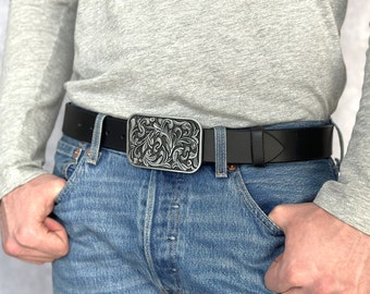 Men's Western Full Grain Genuine Leather Belt Cowboy Embossed Tooled Rodeo Belt with Buckle Handmade Belt 1 1/2" Snap-On Belt With Buckle