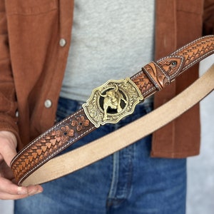 Western Full Grain Genuine Leather Men's Belt with Cowboy Buckle Snap-On Handmade Tooled Belt Embossed Leather Belt 1 1/2 Rodeo With Buckle image 1