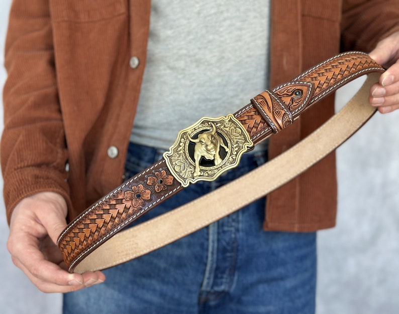 Western Full Grain Genuine Leather Men's Belt with Cowboy Buckle Snap-On Handmade Tooled Belt Embossed Leather Belt 1 1/2 Rodeo With Buckle image 1