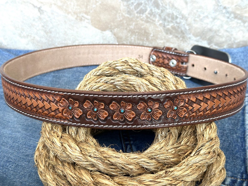 Men's Western Full Grain Genuine Leather Belt 1 1/2 with Cowboy Buckle Snap-On Tooled Belt Handmade Embossed Leather Belt Rodeo With Buckle image 9