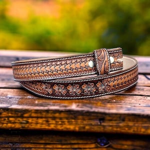 Men's Western Full Grain Genuine Leather Belt Embossed Belt without Buckle Handmade Custom Western Cowboy Belt Strap 1 1/2 Rodeo Snap-On image 1