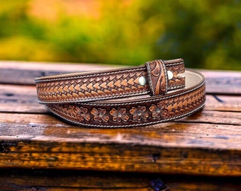 Men's Western Full Grain Genuine Leather Belt Embossed Belt without Buckle Handmade Custom Western Cowboy Belt Strap 1 1/2" Rodeo Snap-On