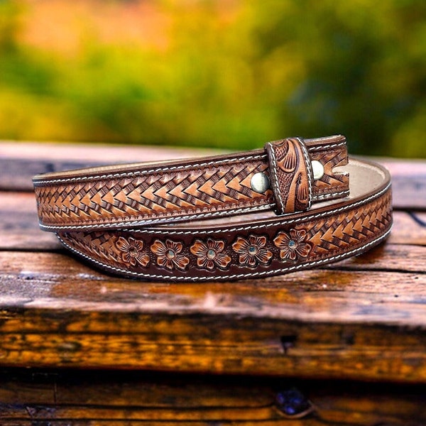 Men's Western Full Grain Genuine Leather Belt Embossed Belt without Buckle Handmade Custom Western Cowboy Belt Strap 1 1/2" Rodeo Snap-On