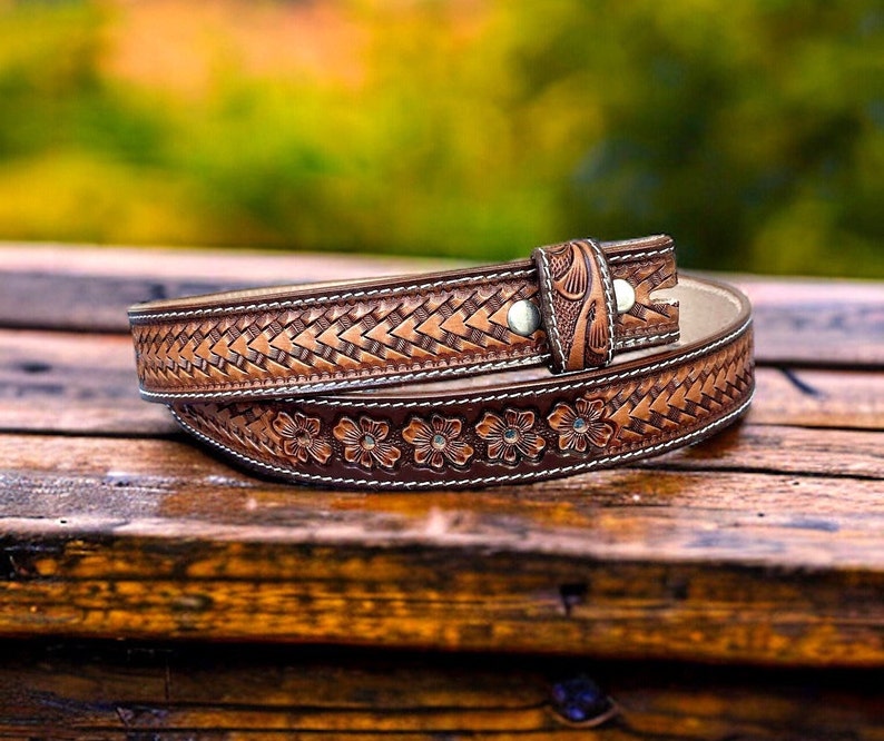 Men's Western Full Grain Genuine Leather Belt Embossed Belt without Buckle Handmade Custom Western Cowboy Belt Strap 1 1/2 Rodeo Snap-On image 1