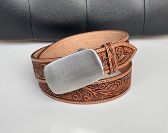Men's Western Full Grain Genuine Leather Belt Engraved Embossed Rodeo Belt with Cowboy Buckle Handmade Belt 1 1/2" Snap-On Belt With Buckle