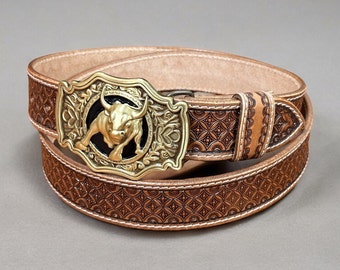 Men's Western Leather Belt Full Grain Genuine Leather with Cowboy Buckle Snap-On Tooled Belt Handmade Embossed Leather Belt With Buckle 1.5"