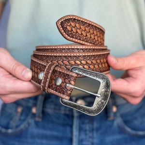 Men's Western Full Grain Genuine Leather Belt with Buckle Embossed Handmade Leather Belt Strap 1.5 Rodeo Snap-On Belt With Cowboy Buckle image 1