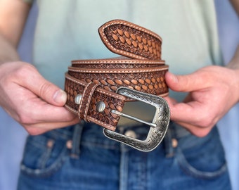 Men's Western Full Grain Genuine Leather Belt with Buckle Embossed Handmade Leather Belt Strap 1.5" Rodeo Snap-On Belt With Cowboy Buckle