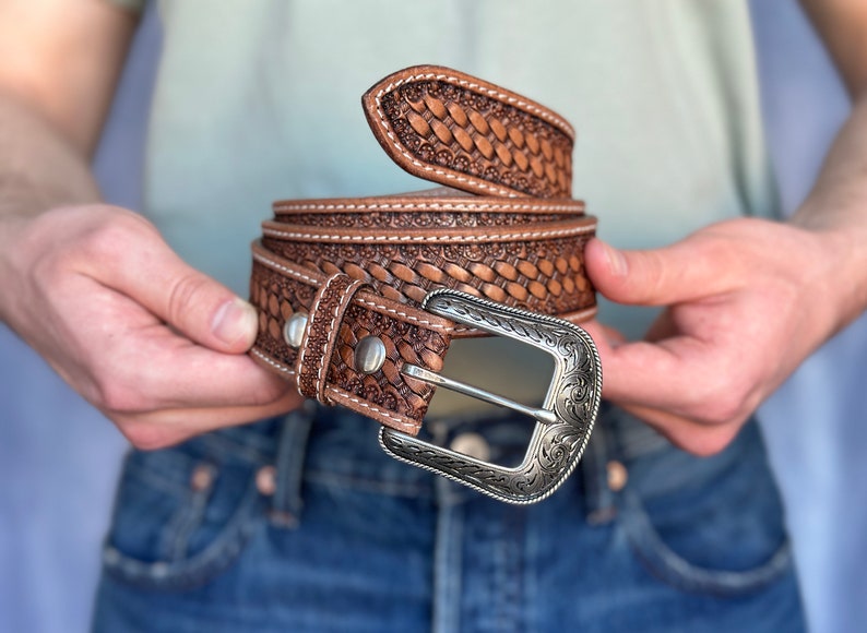 Men's Western Full Grain Genuine Leather Belt with Buckle Embossed Handmade Leather Belt Strap 1.5 Rodeo Snap-On Belt With Cowboy Buckle image 1