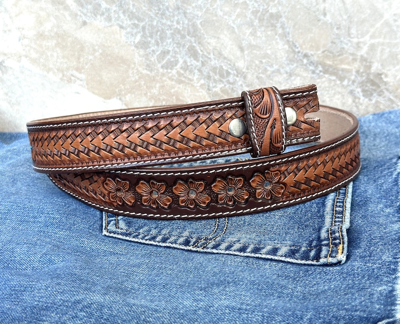 Men's Western Full Grain Genuine Leather Belt Embossed Belt without Buckle Handmade Custom Western Cowboy Belt Strap 1 1/2 Rodeo Snap-On image 6