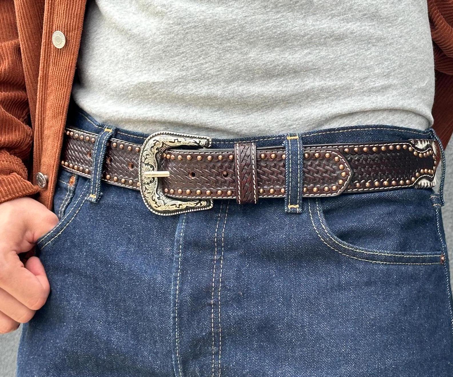 Faux Leather Western Belt with Interchangeable Buckle for Jeans Western Leather Buckle Belt for Men Women Floral Engraved  main image 3