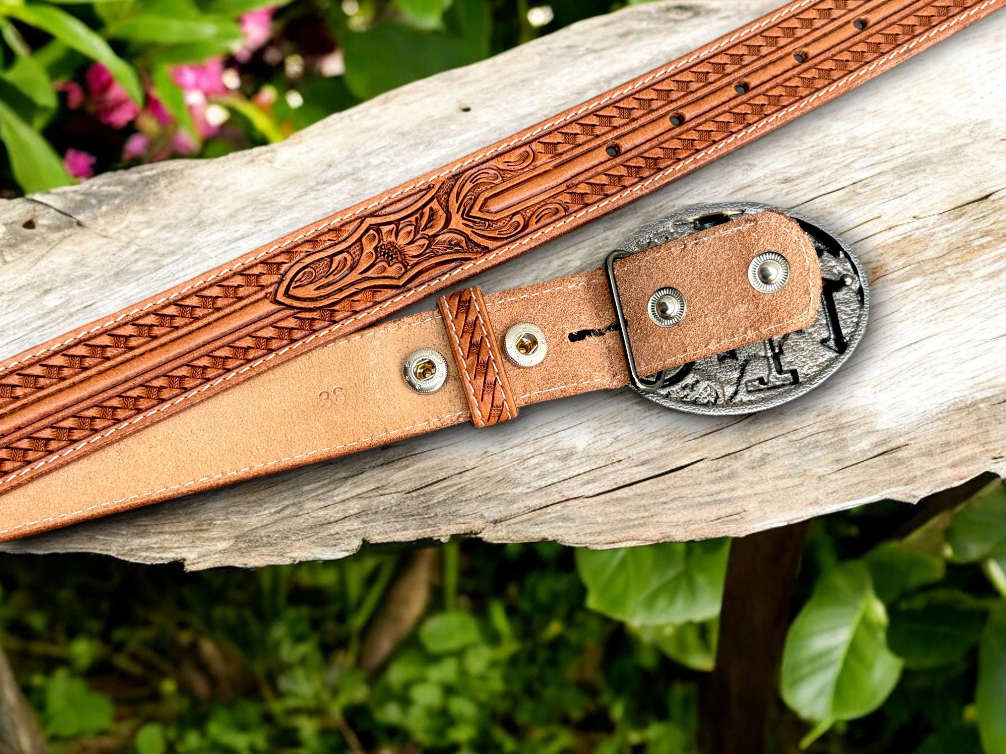 Tooled Western Leather Belt for Men Embossed Handmade Full 