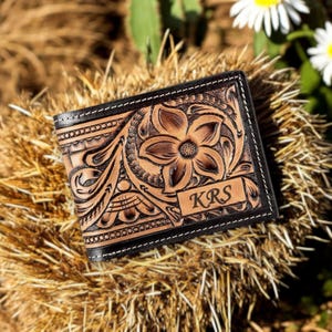 Leather Western Wallet Cowboy Accessory Cowhide Leather Handmade Western Wallet Tooled Floral Leather Wallet Bifold Handmade Embossed + Personalization