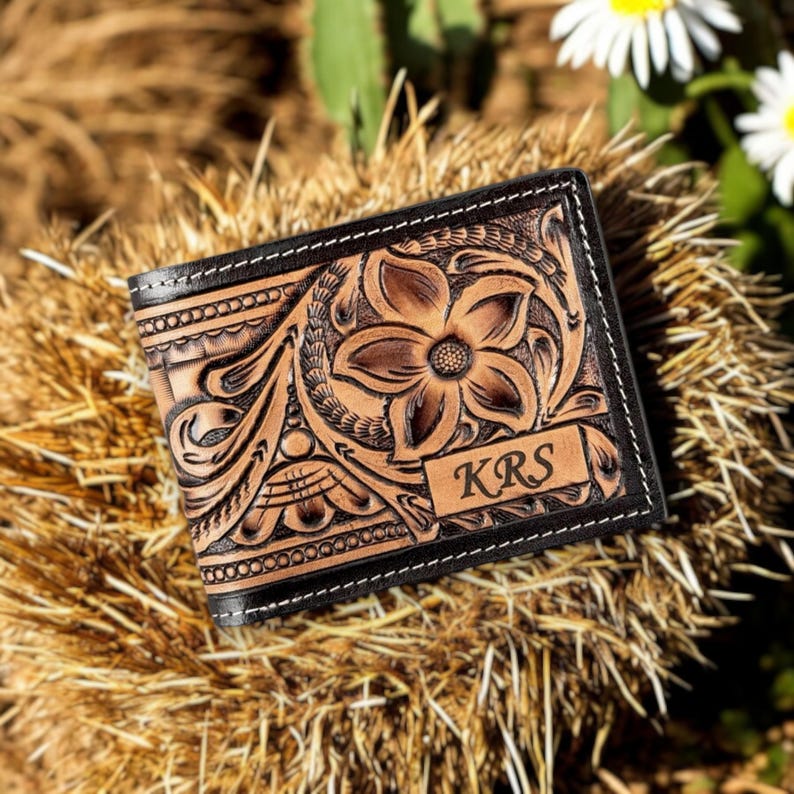 Leather Western Wallet Cowboy Accessory Cowhide Leather Handmade Western Wallet Tooled Floral Leather Wallet Bifold Handmade Embossed + Personalization
