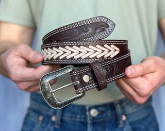 Men's Western Full Grain Genuine Leather Belt with Cowboy Buckle Handmade Embossed Rodeo Style Belt Strap 1.5" Belt With Buckle Snap-On