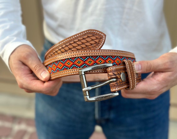 Men's Western Full Grain Genuine Leather Belt Embossed Rodeo Belt with Cowboy Buckle Handmade Belt Strap 1 1/2" Snap-On Belt With Buckle