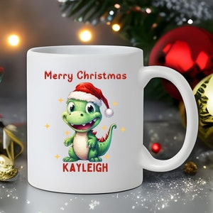 Personalized Kids Christmas Mug, Dinosaur 11oz White Ceramic Hot Chocolate Mug, Secret Santa Gift, Christmas Stocking Stuffer Hot Cocoa Cup.