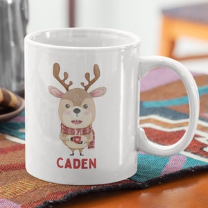 Personalized Kids Christmas Mug, Reindeer 11oz White Ceramic Hot Chocolate Mug, Secret Santa Gift, Christmas Stocking Stuffer, Hot Cocoa Cup