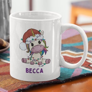 Personalized Kids Christmas Mug, Unicorn 11oz White Ceramic Hot Chocolate Mug, Secret Santa, Christmas Stocking Stuffer, Cocoa Cup.