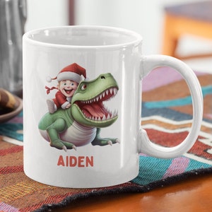 Personalized Kids Christmas Mug, Dinosaur 11oz White Ceramic Hot Chocolate Mug, Secret Santa Gift, Christmas Stocking Stuffer, Hot Cocoa Cup