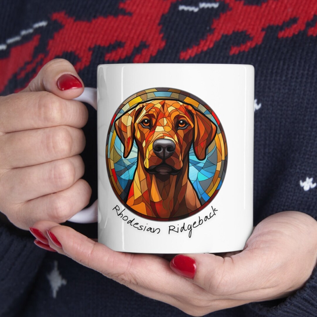 Stained Glass Pattern Rhodesian Ridgeback Rhodesian Ridgeback Coffee Mug, Stained Glass Effect 11oz White Ceramic ...