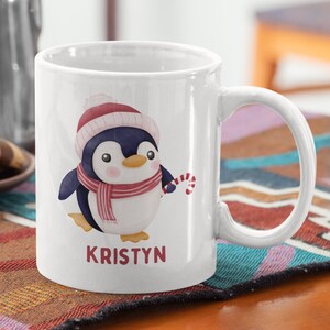 Personalized Kids Christmas Mug, Cute Penguin 11oz White Ceramic Hot Chocolate Mug, Secret Santa, Christmas Stocking Stuffer, Cocoa Cup.