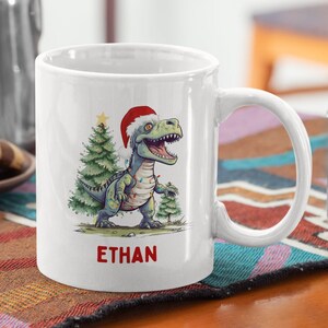 Personalized Kids Christmas Mug, Dinosaur 11oz White Ceramic Hot Chocolate Mug, Secret Santa Gift, Christmas Stocking Stuffer, Hot Cocoa Cup