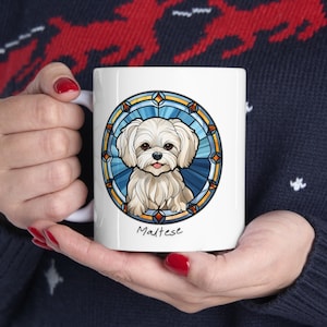 Maltese Coffee Mug, Maltese Stained Glass Effect 11oz White Ceramic Coffee Mug, Dog Lover Coffee Mug, Maltese Lover Gift, Dog Mom, Dog Dad.