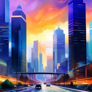 Los Angeles Kalifornia Futurystyczny Downtown LA Skyline Wydruk - DRUK CYFROWY