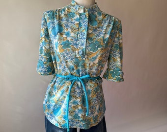 1970s floral polyester tie waist blouse | vintage floral blouse | 1970s blouse | 70s blouse | 70s top | vintage summer top