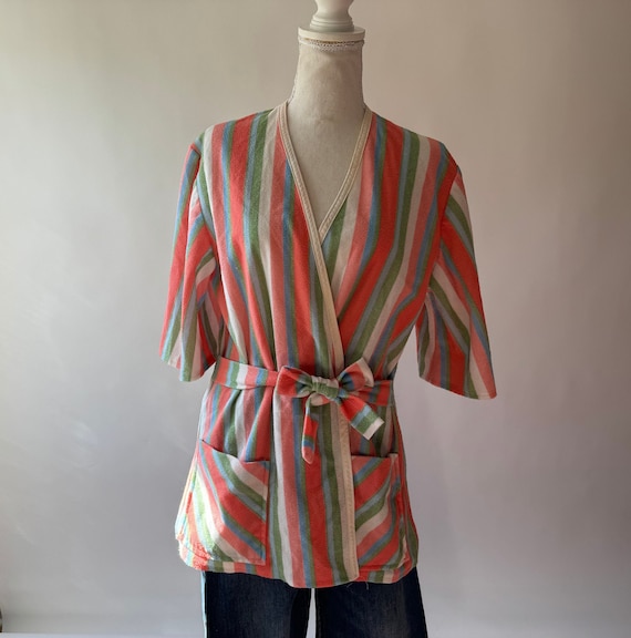1970s striped terry cloth tie waist top | 1970s to