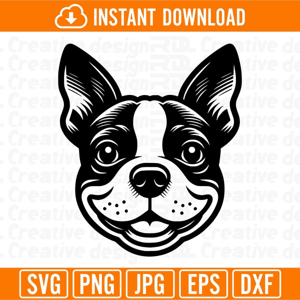 Boston Terrier Svg, Eps, Png, Jpg, Dxf, Silhouette, Files for Cricut, Instant Download, Vector Image, Face, Dog, Pet, Clip Art, Shirt Design