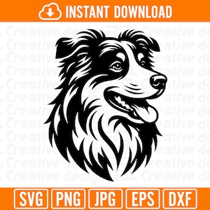 May include: Black and white vector illustration of a Border Collie dog's head with its tongue sticking out.