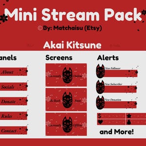 May include: A red and black digital stream pack with the title "Mini Stream Pack" and the text "Akai Kitsune" in white. The pack includes panels, screens, and alerts with a black fox design. The text "50+ items" is in a white circle with a black flower design.