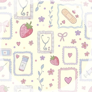 Sjuksköterska Preppy Seamless Pattern PNG Rosa Medicinsk Digitalt Papper Omvårdnad Upprepa Mönster Stetoskop Rosett Coquette Design Direkt Nedladdning