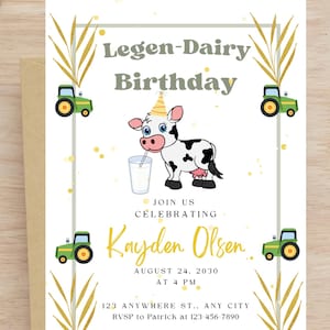 Bearbeitbare Legende Milchviehbetrieb Heilige Kuh Geburtstagseinladungsvorlage Geburtstagseinladung Cowboy Einladen Milch Holstein Bday Boy Card Tractor Canva