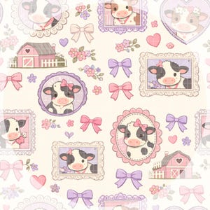 May include: A repeating pattern featuring cartoon cows with pink bows, framed in ornate borders. The design includes pink and purple bows, hearts, flowers, and small pink barns on a cream background. The overall theme is cute and whimsical.
