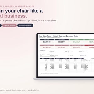 Pode incluir: Um modelo de planilha digital intitulado Beauty Business Command Center exibido na tela de um laptop. A interface apresenta seções para receitas, despesas, aluguel, gorjetas e lucros, com tabelas de dados e caixas de resumo.