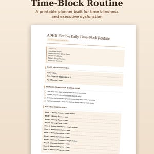 Può includere: Un documento digitale stampabile intitolato ADHD Flexible Daily Time-Block Routine. La pagina include sezioni per i dettagli giornalieri, la transizione mattutina, il brain dump e blocchi temporali flessibili con righe per le attività.