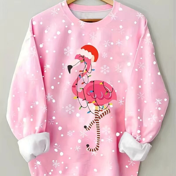 T-shirt Noël Flamant Rose Avec Chapeau Santa Et Guirlandes - Humour Tropical, Coupe Classique, Manches Doubles