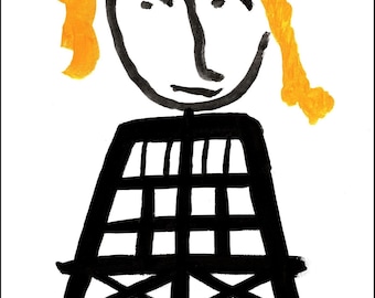 May include: An abstract painting of a person with yellow hair and a black, grid-like structure. The face is simply drawn with black lines, and the hair is a textured yellow. The structure below the face resembles a chair or a frame.
