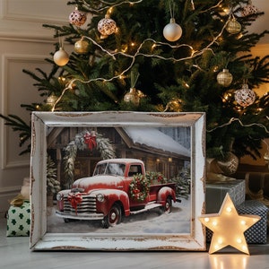 Vintage Red Truck Christmas Wall Art, Christmas Red Truck Print, Retro Winter Holiday Decor, Rustic Holiday Decor, Printable Winter Art