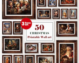 Printable Vintage Christmas Prints, Set of 50 Christmas Gallery Holiday Prints, rustic Christmas Decor, Xmas Printable Wall Art Download